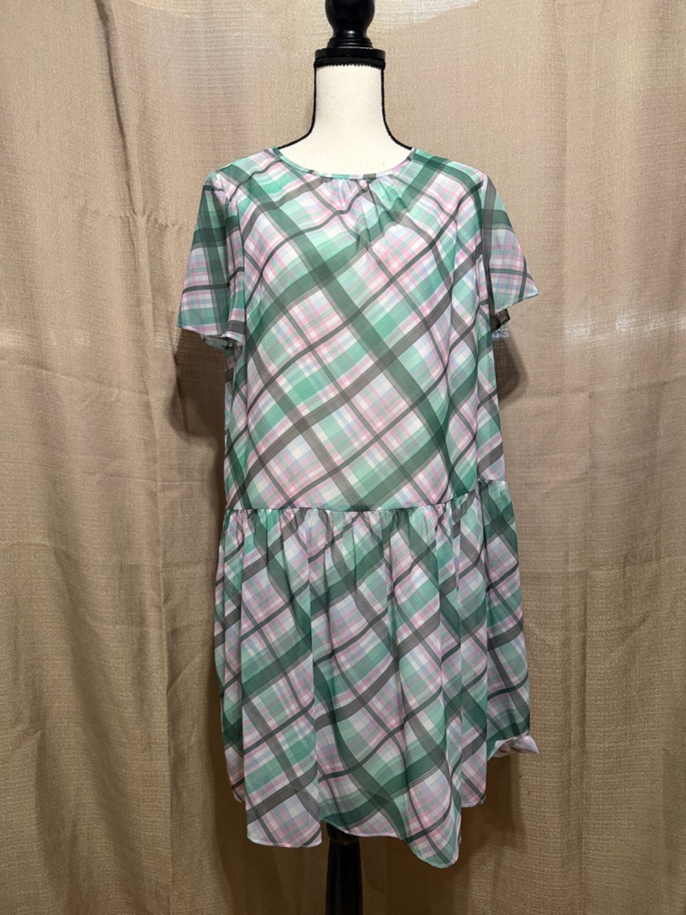 Ann Taylor Mint and Pink Plaid Short Sleeve Dress Sz 14